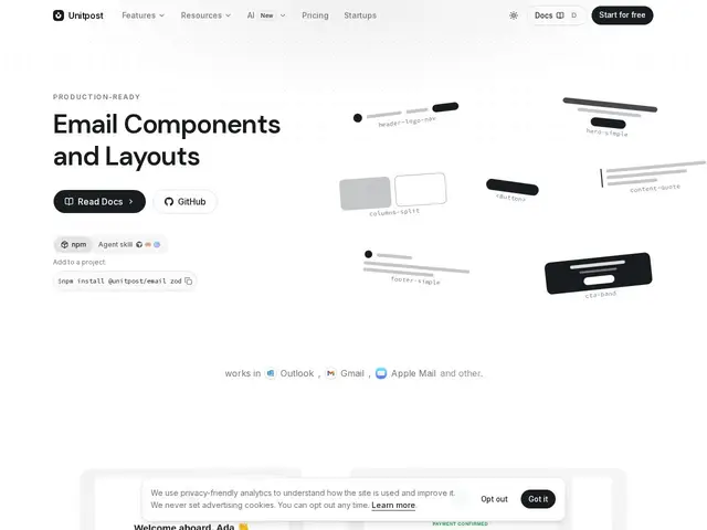 Preview of Unitpost Email Components